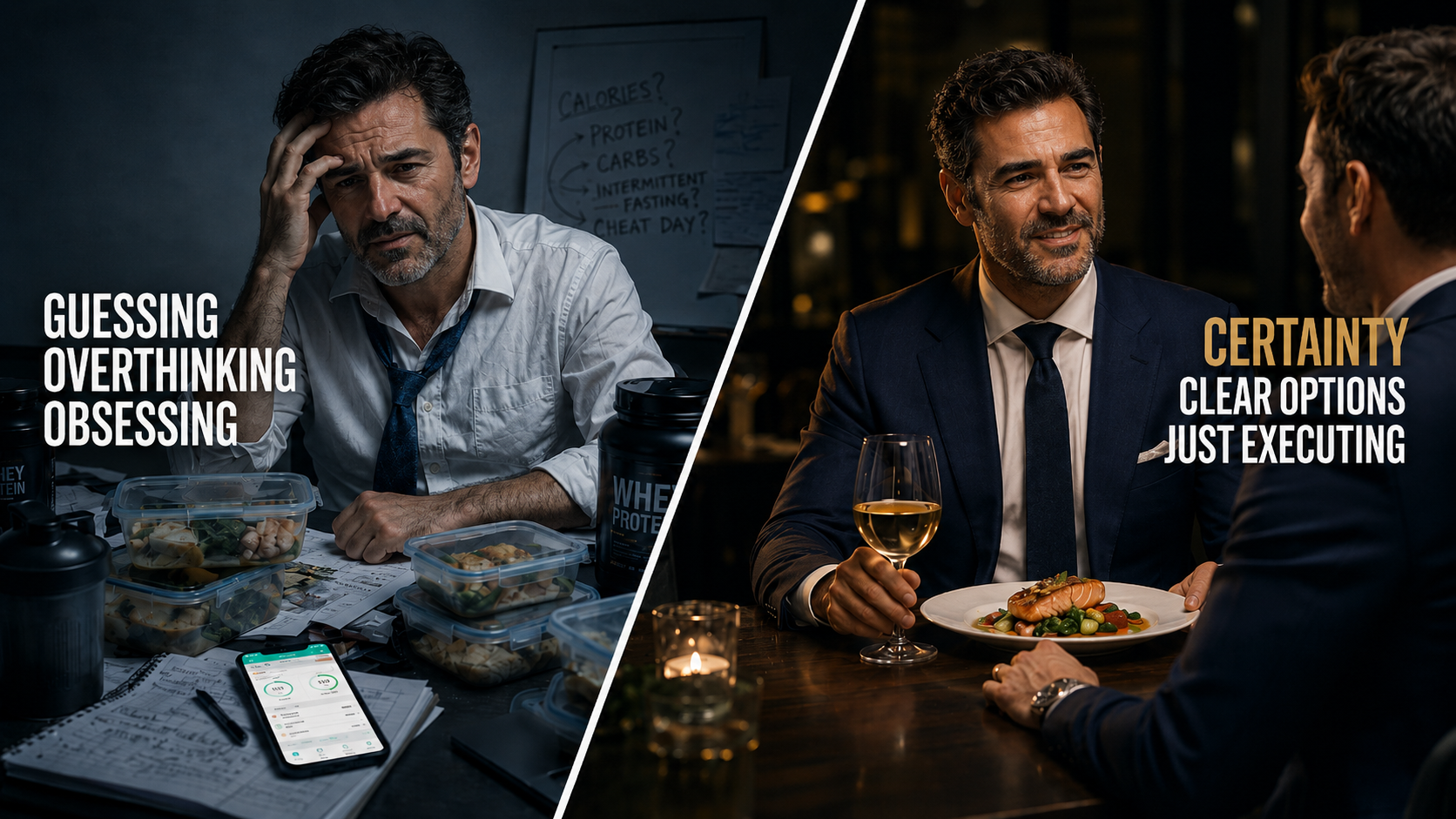 Left: a stressed executive surrounded by meal-prep containers — Guessing, Overthinking, Obsessing. Right: a relaxed executive enjoying a restaurant dinner — Certainty, Clear options, Just executing.