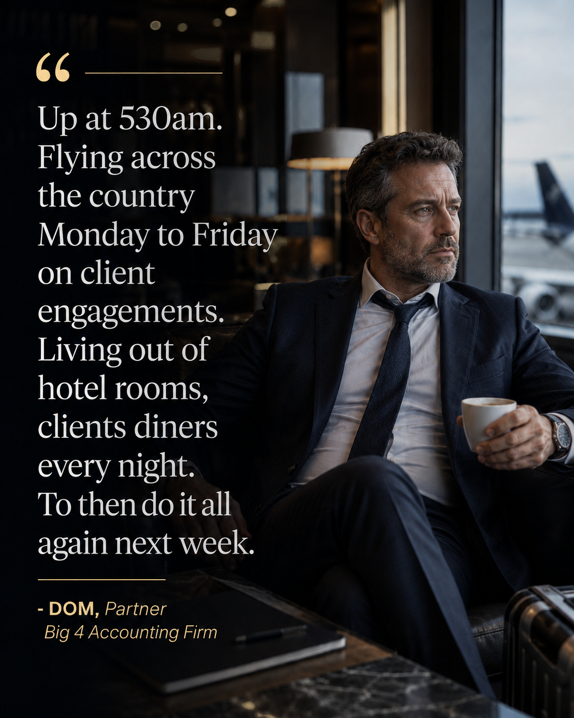 Client testimonial — Dom, Partner at a Big 4 accounting firm: 'Up at 5:30am. Flying across the country Monday to Friday on client engagements. Living out of hotel rooms, client dinners every night. To then do it all again next week.'